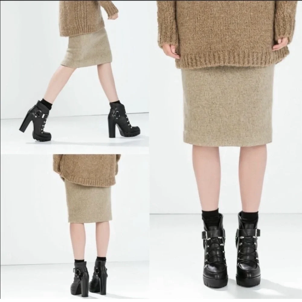 Zara Knit Mohair Blend Pencil Skirt Womens S Taupe Brown Fuzzy Midi 0367/803/736 - Picture 10 of 10